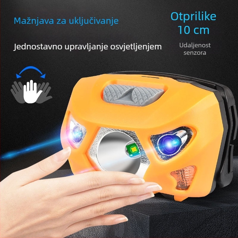 LED čelna lampica USB punjiva, za ribolov i noćne šetnje, 1200 mAh baterija, LED izvor, domet 100–200 m