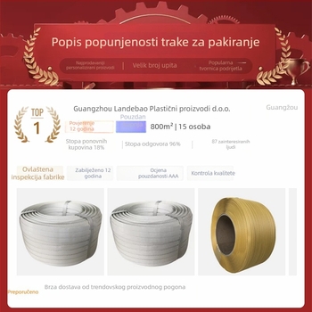 Ručna PP traka za pakiranje, debljina 1,5 mm, kompatibilna s PP kopčom, napetostna čvrstoća 60 kg, težina role 5 kg, prilagodljivo