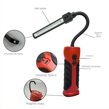 Napajano magnetsko radno svjetlo s fleksibilnim vratom i kukom — SMD LED 10W, 5V, 500 lm, 2000mAh