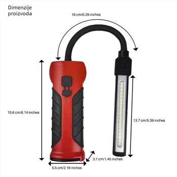 Napajano magnetsko radno svjetlo s fleksibilnim vratom i kukom — SMD LED 10W, 5V, 500 lm, 2000mAh