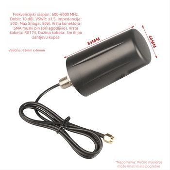 Vanjski vodootporni DTU terminal s 3G/4G/5G potpuno širokim rasponom, omnidirekcijska antena, dobitak 5 dBi, raspon 698–6000 MHz, impedancija 50 Ω, SWR ≤ 2, radno napajanje 3 V
