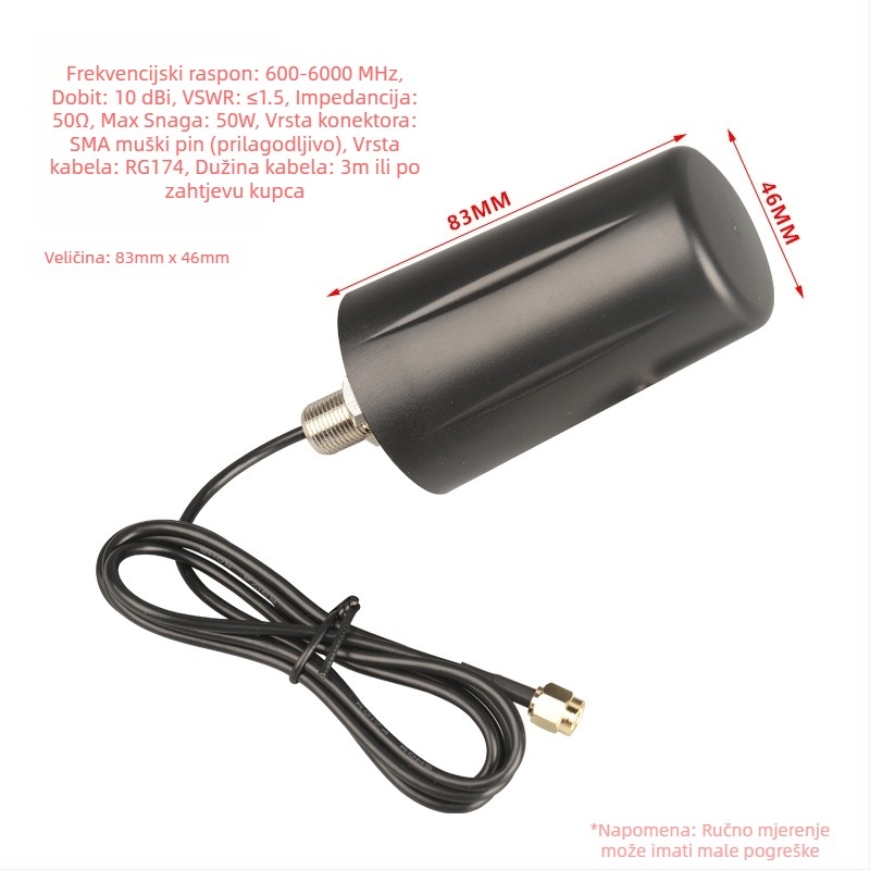 Vanjski vodootporni DTU terminal s 3G/4G/5G potpuno širokim rasponom, omnidirekcijska antena, dobitak 5 dBi, raspon 698–6000 MHz, impedancija 50 Ω, SWR ≤ 2, radno napajanje 3 V