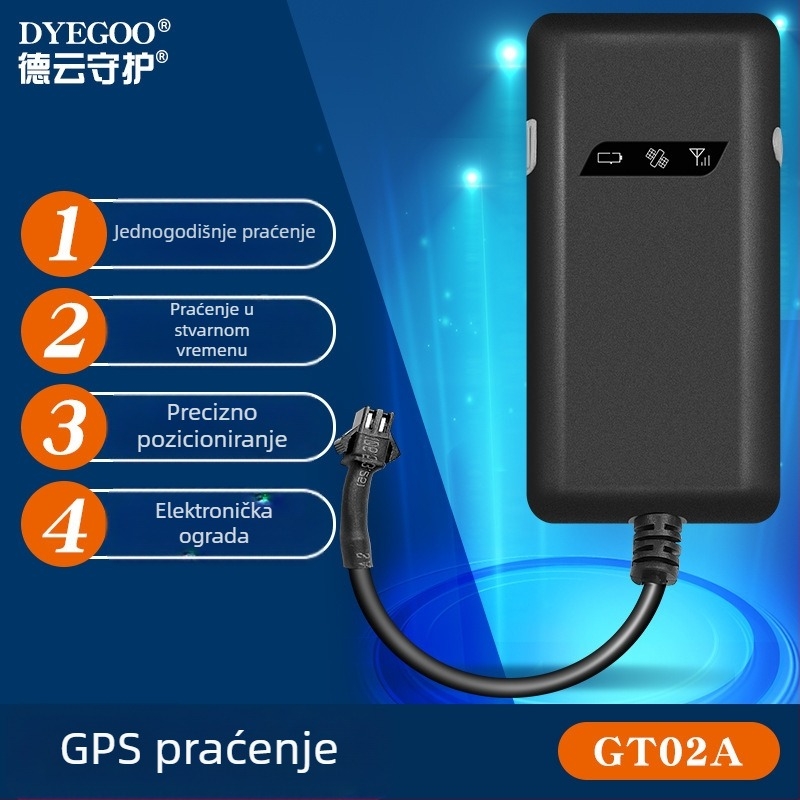 GT02A GPS tracker za vozilo – točnost GPS 5 m, napajanje 12–24 V DC, ugrađena GPS antena, Google Maps podrška, 512 MB memorije