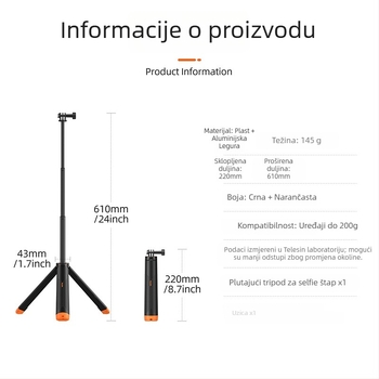 Plutajući selfie stalak za GoPro, DJI i Insta360 (TELESIN; Model S1-tss-02; Materijal: plast + aluminijska legura; Univerzalna kompatibilnost)