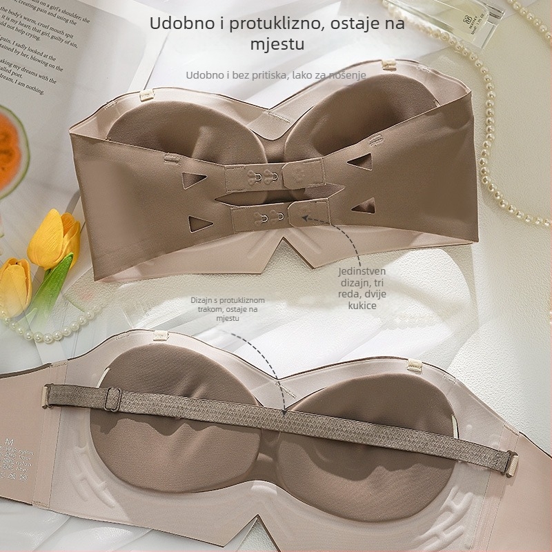 Grudnjak bez naramenica, bežični, bez šavova, nevidljiv ispod odjeće; košarice 1/2, tanke oblikovne košarice; odvojive dvostruke naramenice