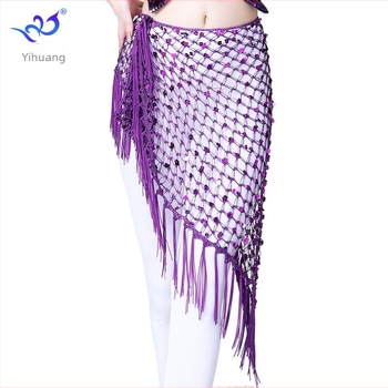 Hip šal Belly Dance s šljokicama i resicama — mrežasti veliki trokutasti šal za struk, materijal rayon s polyesterom i spandeksom, ženski moderni plesni kostim