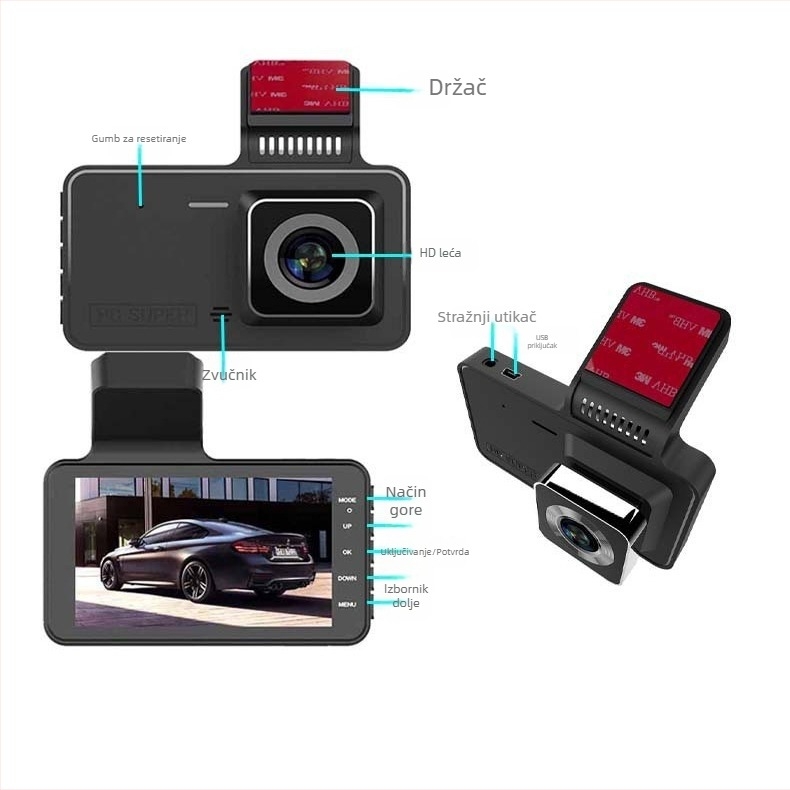 Automobilska dash kamera s prednjom i stražnjom dvostrukom lećom, 1080p, 170° široki kut, automatsko petljanje snimanja, podržava TF karticu do 64GB