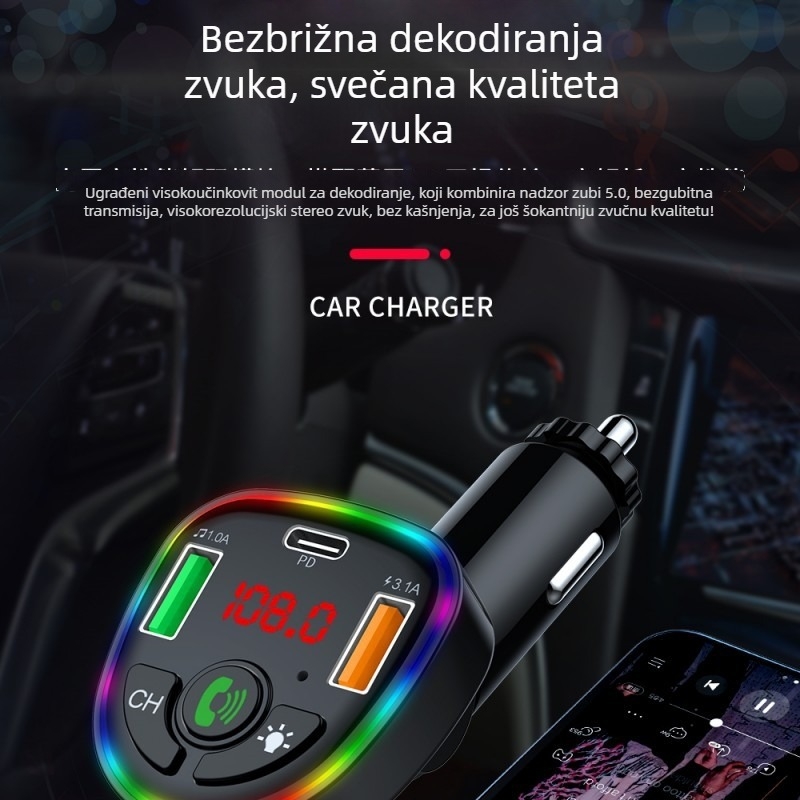 Automobilska punjač s brzim punjenjem i voltmetrom, ulaz 12V/24V, FM predajnik i Bluetooth MP3 player