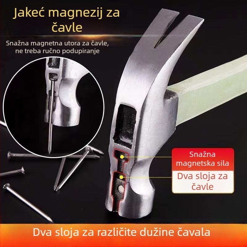 Čekić s kandžom, izolirana drška, protuklizni grip, magnet za vađenje čavala, kompaktni stolarski čekić, od visokougljičnoga čelika