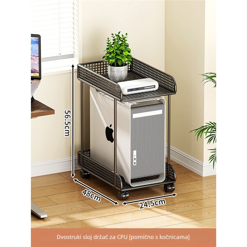 Dvoetažni metalni mobilni stalak za računalo s kotačićima – stolni skladišni stalak