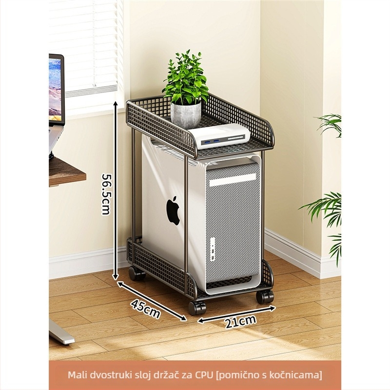 Dvoetažni metalni mobilni stalak za računalo s kotačićima – stolni skladišni stalak