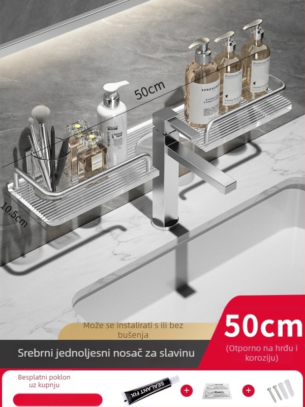 Držač za kupaonu od aluminijske legure, bez bušenja, završna obloga pijeskom, montaža ispred ogledala, nosivost 40 Jin, jedna polica