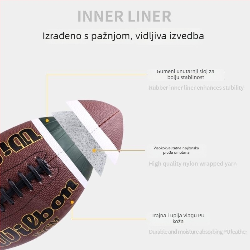 Američki nogomet – standardna lopta za igru, PP materijal, šivena strojem, kategorija rugby, bez prilagodbe