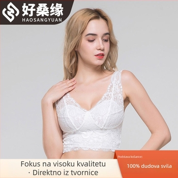 Sutien bandeau od mulberry svile s čipkom, tanak, napunjen, bez žice, model 1007