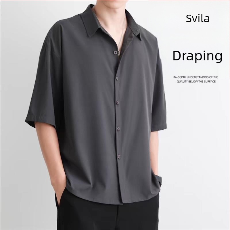 Muška košulja u japanskom stilu, jednobojna, kratkih rukava, od ice-silk, ljetna lagana i prozračna, plus veličina, brzo se suši