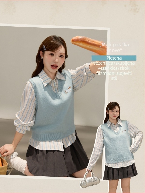 Ženski pleteni prsluk s V izrezom i izvezenim dizajnom, slojevita silueta, jesen 2025