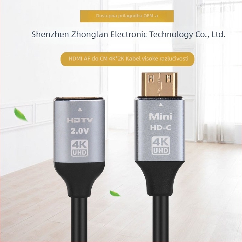 HDMI 2.0 4K Mini HDMI na HDMI adapter kabel, HDMI ženski na Mini HDMI muški, duljina 0,2 m, bakar bez kisika, pozlaćen