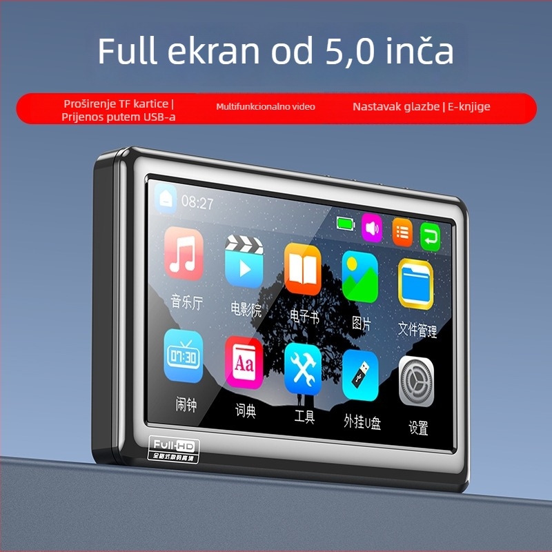 V5 MP5 player s kapacitivnim zaslonom na dodir, podrška TF kartici, baterija 3200mAh, podržava MP3/WAV/APE i AVI/RMVB