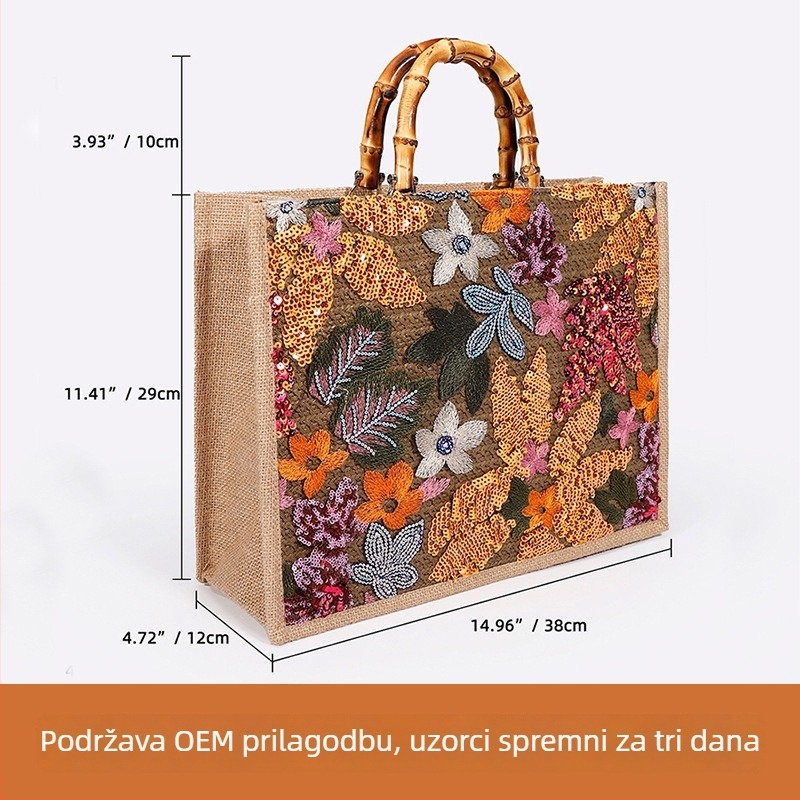 Ženska tote torba od slame s bambusnom ručkom, ukrašena šljokicama, velikog kapaciteta