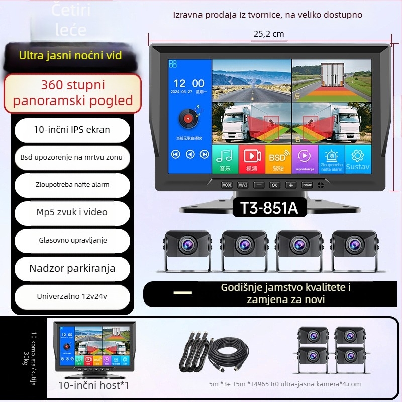 Kamion – Sve-u-jednom zaslon vozila s DVR-om, 4-kanalno praćenje, 24V, 1080p, 160°, dodirni zaslon, reverzna slika