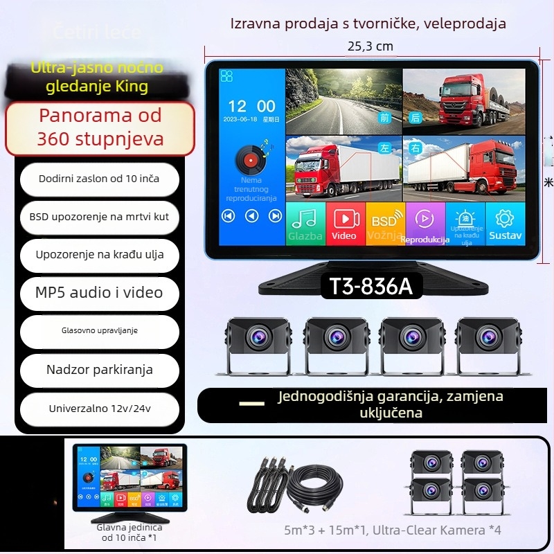 Kamion – Sve-u-jednom zaslon vozila s DVR-om, 4-kanalno praćenje, 24V, 1080p, 160°, dodirni zaslon, reverzna slika