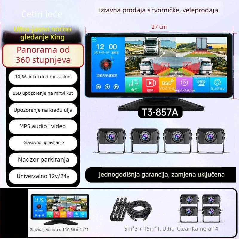Kamion – Sve-u-jednom zaslon vozila s DVR-om, 4-kanalno praćenje, 24V, 1080p, 160°, dodirni zaslon, reverzna slika