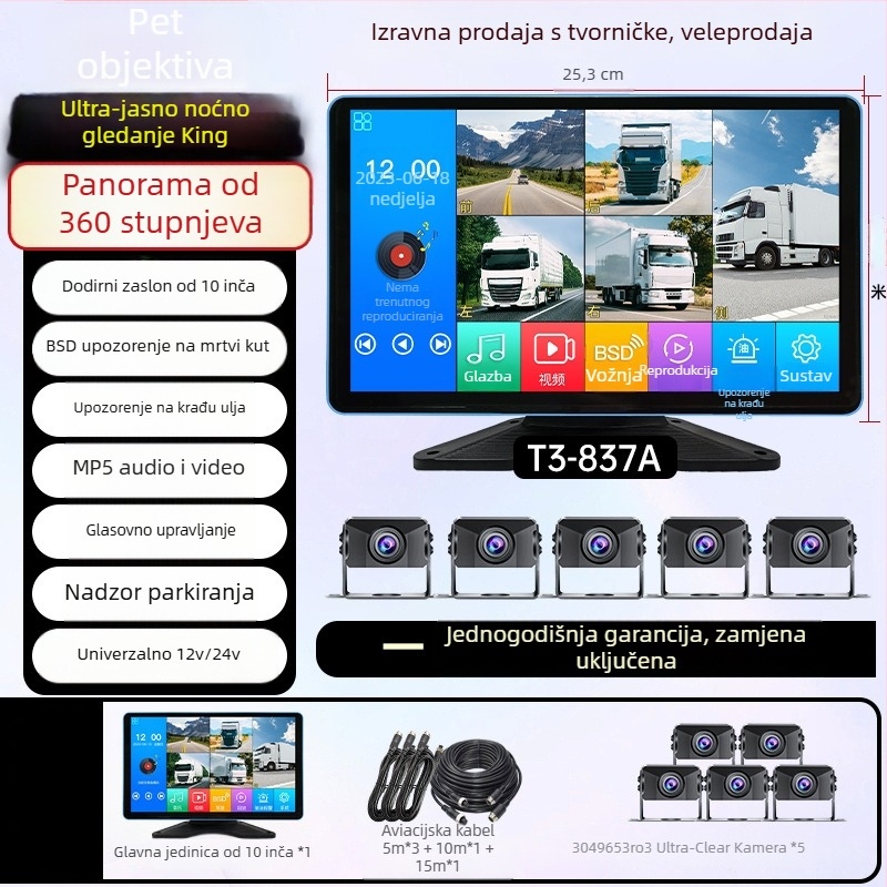 Kamion – Sve-u-jednom zaslon vozila s DVR-om, 4-kanalno praćenje, 24V, 1080p, 160°, dodirni zaslon, reverzna slika