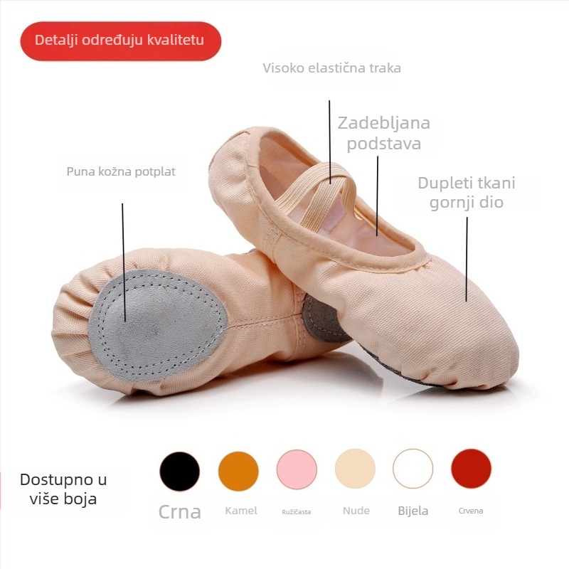 Plesne cipele za djevojčice - gornji dio platna, potplat od kože, prozračné, lagane, za balet i latino ples