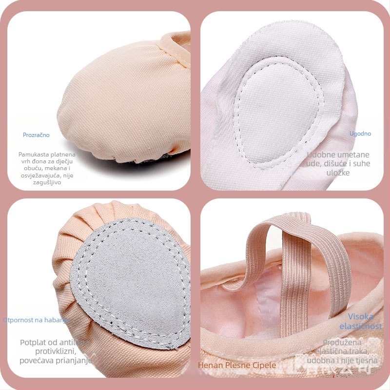Plesne cipele za djevojčice - gornji dio platna, potplat od kože, prozračné, lagane, za balet i latino ples