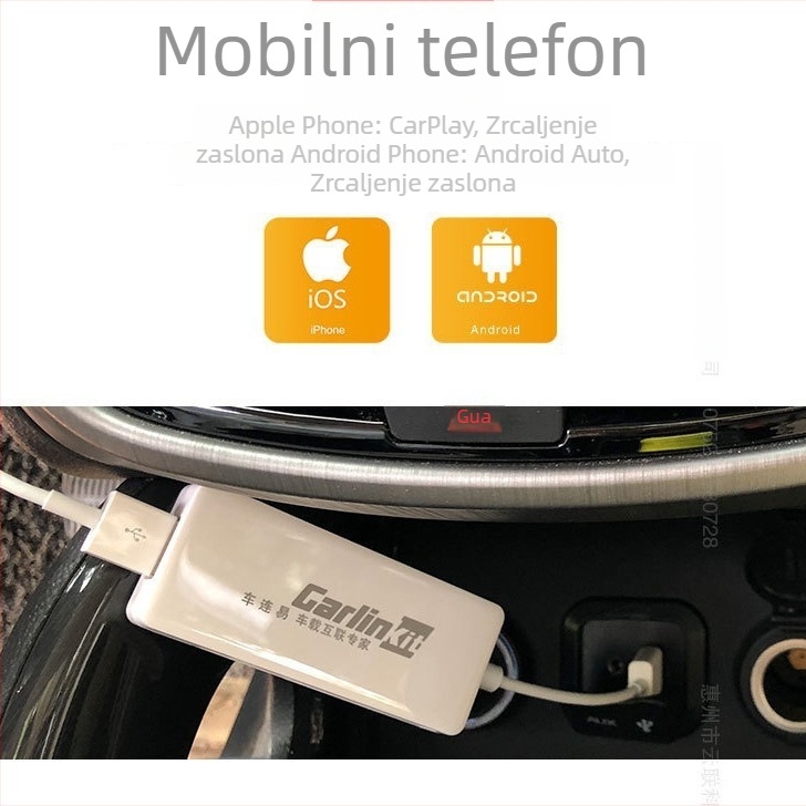 Auto infotainment modul s Android Auto i Apple CarPlay za navigaciju u vozilu (napajanje 5V, snaga 0,4W, ABS kućište, USB povezivanje, kompatibilan s modificiranim Android zaslonima)