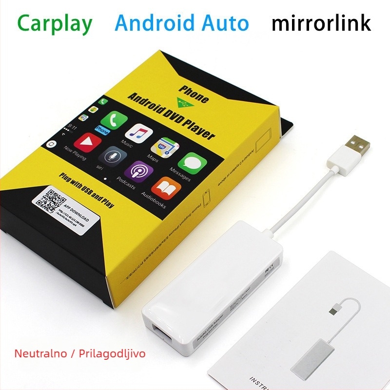 Auto infotainment modul s Android Auto i Apple CarPlay za navigaciju u vozilu (napajanje 5V, snaga 0,4W, ABS kućište, USB povezivanje, kompatibilan s modificiranim Android zaslonima)