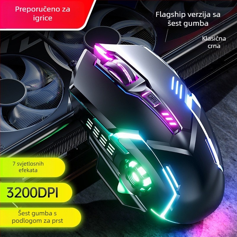 Žičani gaming miš s 6 tipkama, USB, 3000 DPI, prilagodljiv DPI, ergonomski dizajn, 4-smjerni kotačić za pomicanje