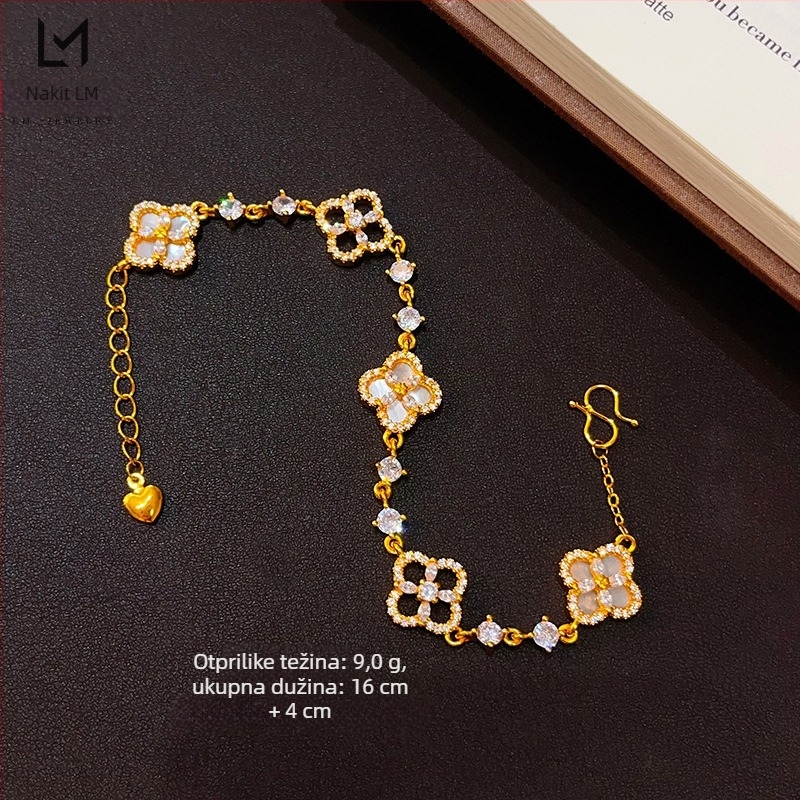Narukvica s četverolistnim izrezom, mother-of-pearl uložak i crushed diamond detalji; pozlaćeni legura