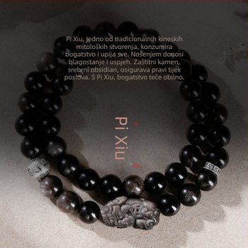 Narukvica od obsidijana s dvostrukim slojem, 999 srebra, moto sa šest znakova, unisex dizajn