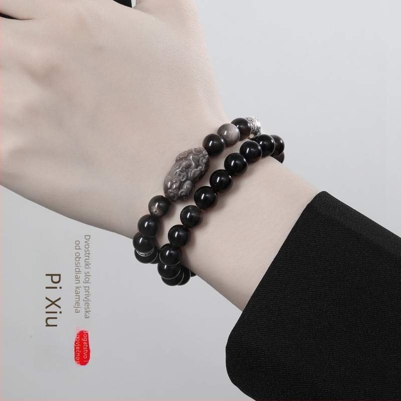 Narukvica od obsidijana s dvostrukim slojem, 999 srebra, moto sa šest znakova, unisex dizajn