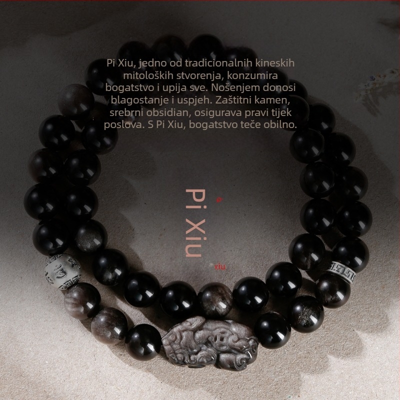 Narukvica od obsidijana s dvostrukim slojem, 999 srebra, moto sa šest znakova, unisex dizajn