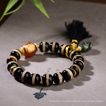 Narukvica Dzi sa ugradom srebra 925, agatne perle, Buddha perle u jednom nizu, unisex, elegantan luksuzan stil