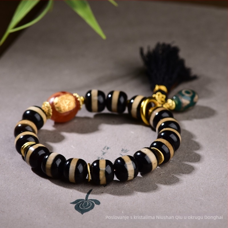 Narukvica Dzi sa ugradom srebra 925, agatne perle, Buddha perle u jednom nizu, unisex, elegantan luksuzan stil