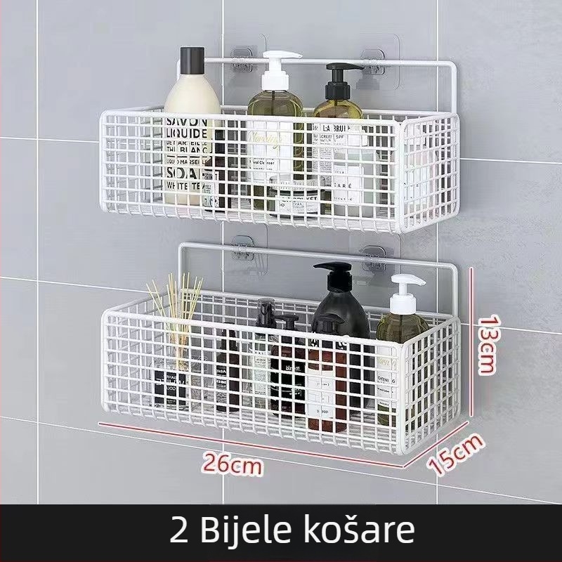 Zidni rega za skladištenje kuhinje i kupaonice, 1 razina, kovane željezo, bez bušenja, bez ugradnje, kuka za montažu, moderan mrežasti dizajn
