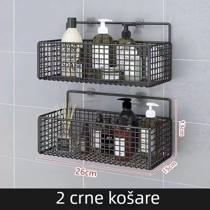 Zidni rega za skladištenje kuhinje i kupaonice, 1 razina, kovane željezo, bez bušenja, bez ugradnje, kuka za montažu, moderan mrežasti dizajn