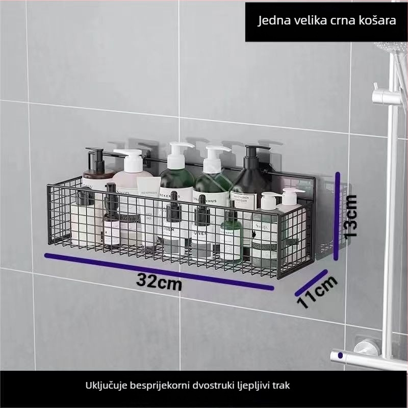 Zidni rega za skladištenje kuhinje i kupaonice, 1 razina, kovane željezo, bez bušenja, bez ugradnje, kuka za montažu, moderan mrežasti dizajn