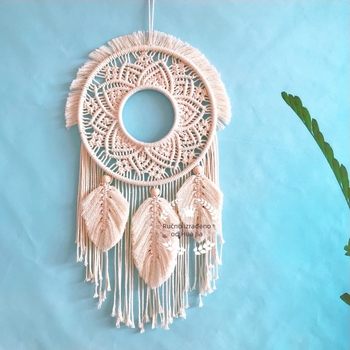 Makrame Dream Catcher zidni ukras - ručno pleteni pamučni konac, kružni oblik, uzorak lišća, nordijski stil