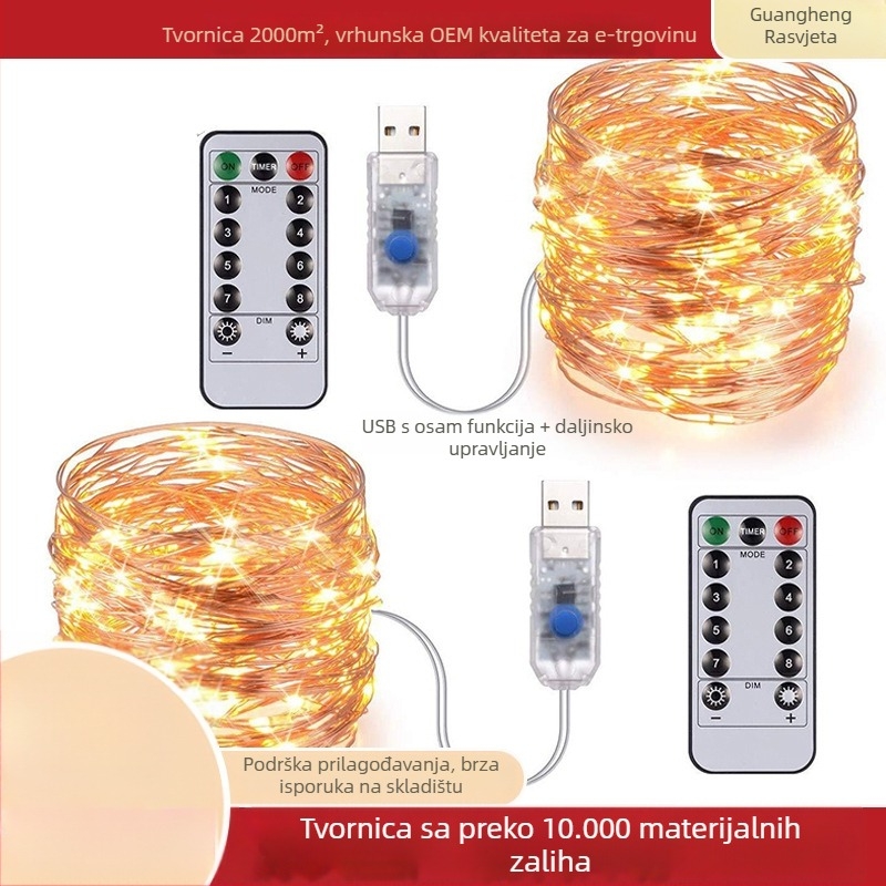 LED niz od bakrene žice s daljinskim upravljačem - 100 LED, 5V ulaz, USB napajanje, IP65 zaštita, 4000 lm