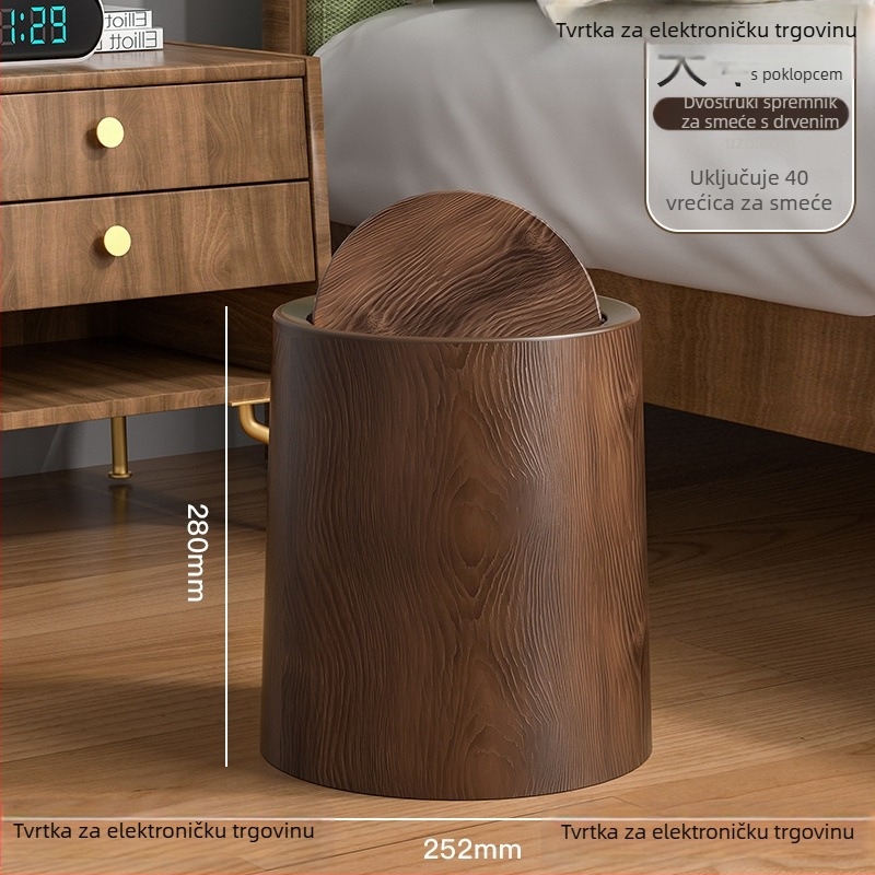 Koš za otpad u srednjovjekovnom stilu s imitacijom drveta, okrugli oblik, pedalo otvaranje, kapacitet 12 L i više, pogodna za kućnu, uredsku i komercijalnu upotrebu