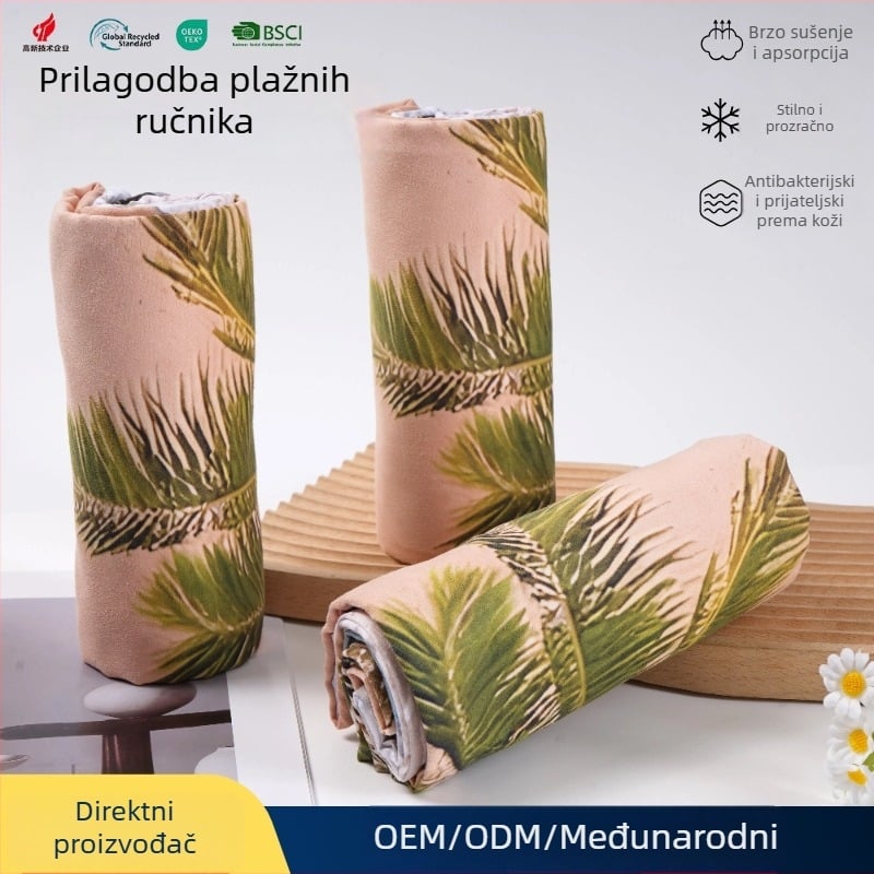 Dvoslojno otisnuti plažni ručnik; sastav 88% poliester, 12% najlon; težina 200–300 g; vlakna: 40; mogućnost personalizacije; brzo se suši, mekan i upija