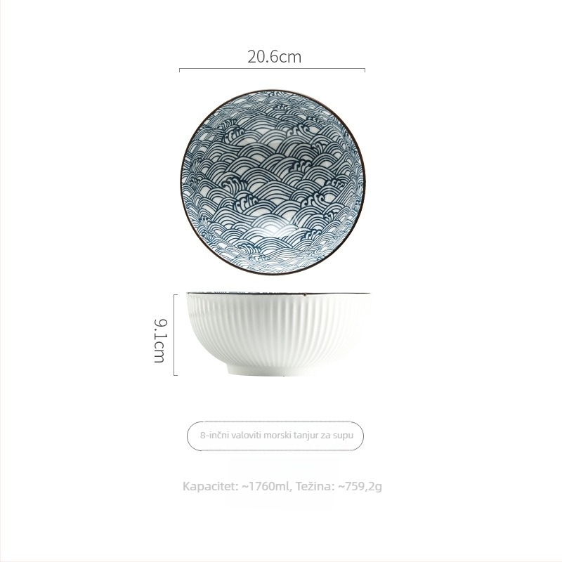 Porcelanska zdjela u japanskom stilu, prugasti podglazurni završetak, okrugli oblik, mikrovalna sigurna, tisk logotipa, mogućnost prilagodbe