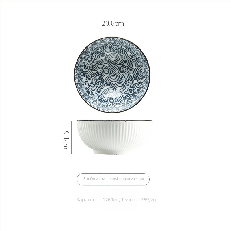 Porcelanska zdjela u japanskom stilu, prugasti podglazurni završetak, okrugli oblik, mikrovalna sigurna, tisk logotipa, mogućnost prilagodbe