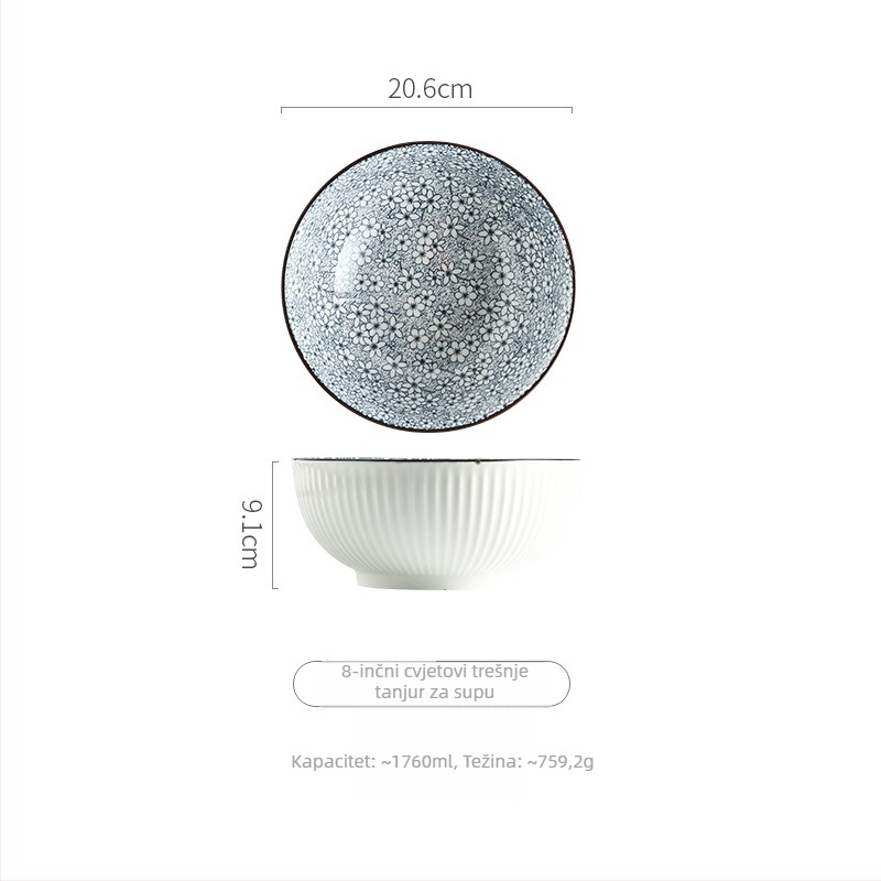 Porcelanska zdjela u japanskom stilu, prugasti podglazurni završetak, okrugli oblik, mikrovalna sigurna, tisk logotipa, mogućnost prilagodbe