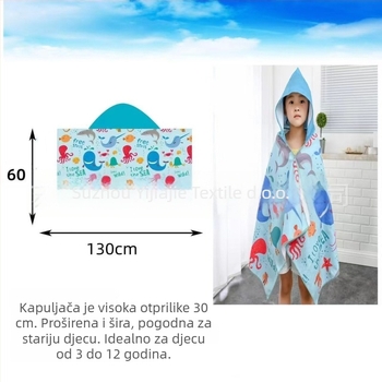 Dječji ručnik za plažu kapulja s Cape stila od mikrovlakna, brzo suši, upija, otisnuto, prilagodljivo, vlakna 150d, težina 200-300 g