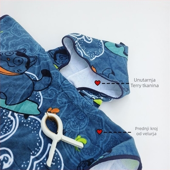 Dječji nosivi ručnik za kupanje s kapuljačom, brzo sušeći i upijajući, za plivanje i plažu (Materijal: 100% pamuk | GSM: 140–170 | Vlakna: Strand | Proizvodni proces: Cut Pile)